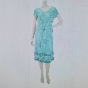 ISAAC MIZRAHI LIVE! Tilen border print V neck knit dress  L A231650
